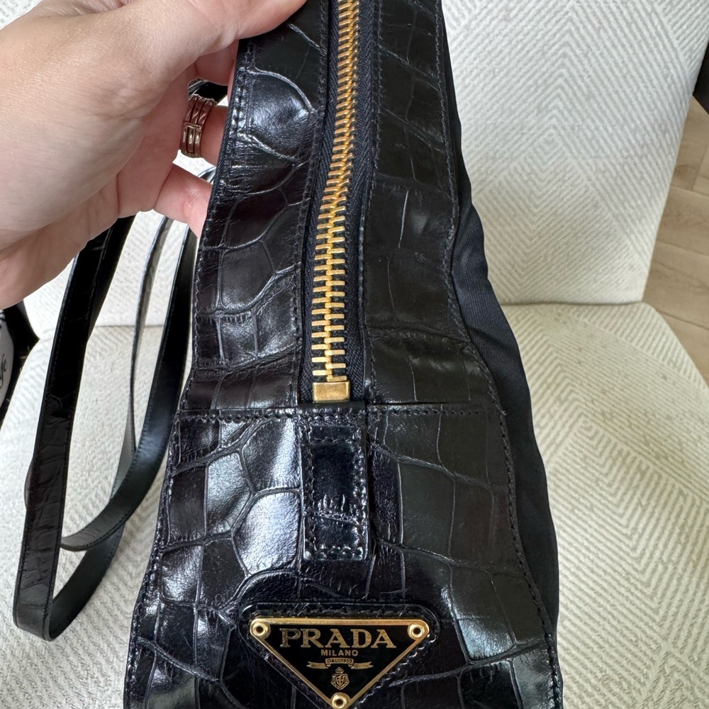 Sleek Black Prada Croc and Nylon Tote - Picture 2 of 3